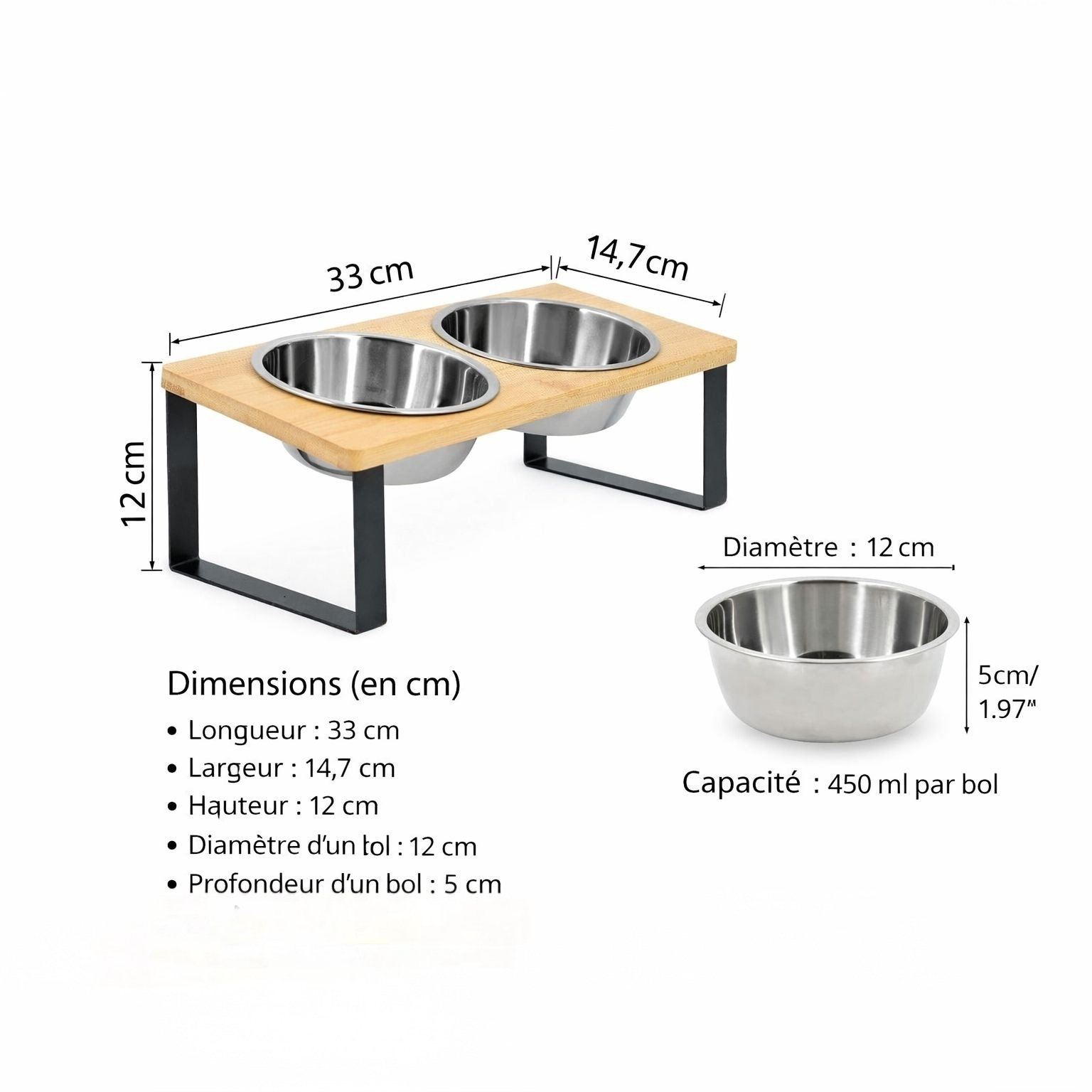 Gamelles surélevées pour chat inclinées à 15° – Double bols en acier inoxydable avec support en bois