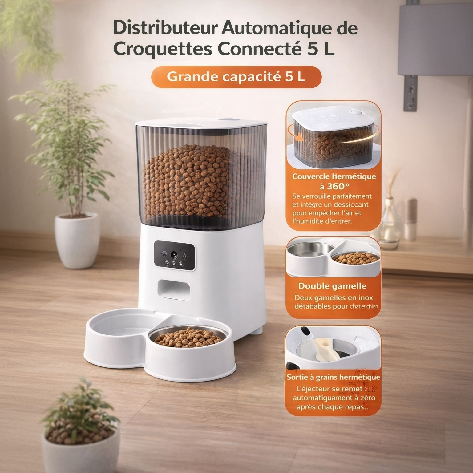 Distributeur Automatique Connecté 5 L pour Chat et chien – Double Gamelle, Caméra HD et Application Mobile