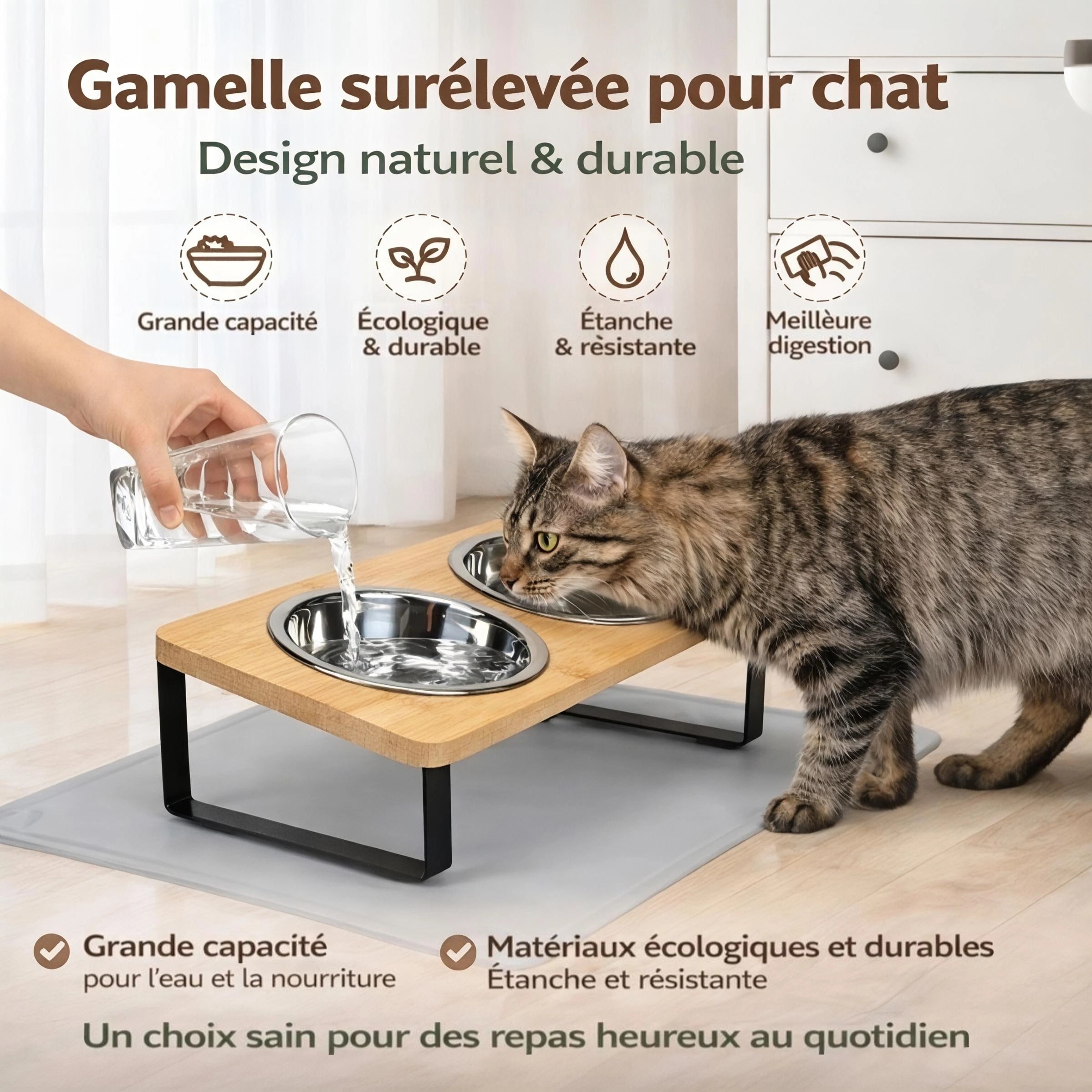 Gamelles surélevées pour chat inclinées à 15° – Double bols en acier inoxydable avec support en bois