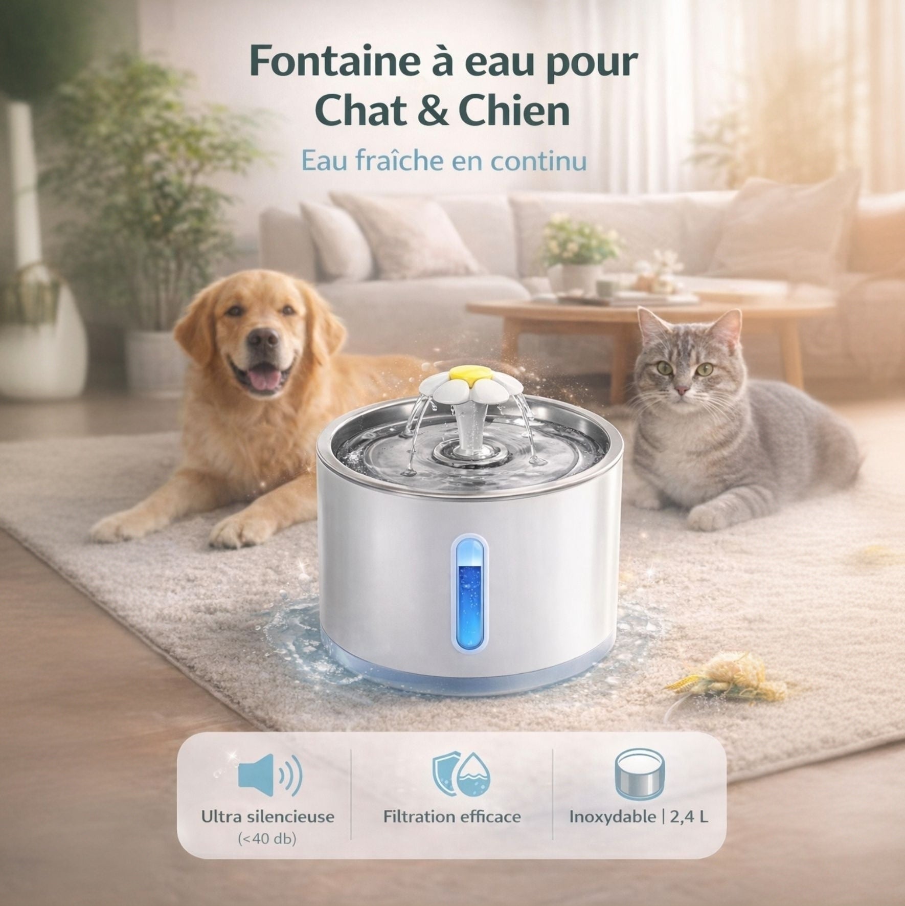 Fontaine à eau automatique chat & chien – Acier inoxydable 2,4 L